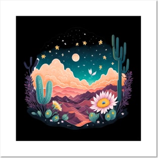 Beautiful Desert and Cactus Moon and Stars Posters and Art